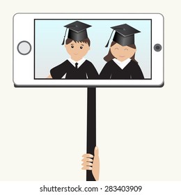 Graduated man and woman selfie with mobile phone