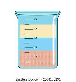 Graduated measuring cup containing sand, water and oil that do not mix. Vector illustration isolated on white background