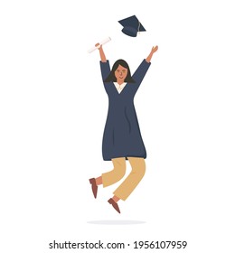 Graduated person celebrating graduation. Happy modern female student joyfully jumping and holding diploma vector illustration. Smiling brown skin asian woman wearing robe and cap isolated on white. 