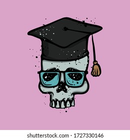 Graduated skull character. Human skull with graduation hat. Learning, education and study vector concept. Professor, academy, campus 