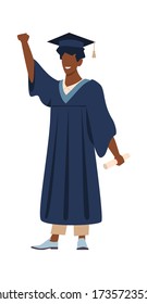 Graduated student with diploma. Young man wearing academic gown with paper certificate vector concept