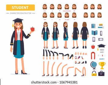 
Graduated student  girl or teenager character constructor for animation. Front, side and back view. Flat  cartoon style vector illustration isolated on white background.  