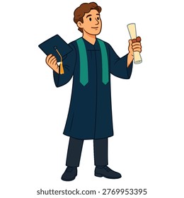 Graduated student with graduation cap and gown in academic regalia celebrating.