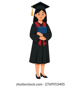 Graduated student with graduation cap and gown in academic regalia celebrating.