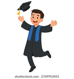 Graduated student with graduation cap and gown in academic regalia celebrating.