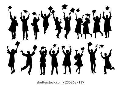 Graduated student. Happy Graduation Activity Silhouettes. Crowd of graduates in mantles, throws up the square academic caps.