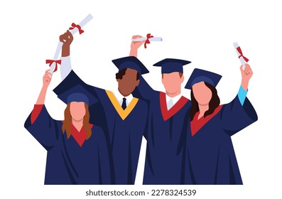 graduated student. Happy students with diplomas wearing academic gown and graduation cap, group with education certificate	