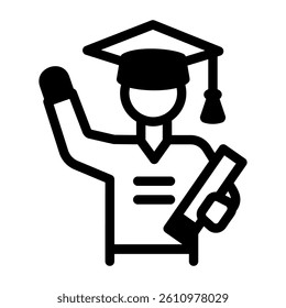 A graduated student holding degree in hand, line icon 
