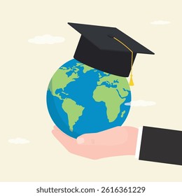 Graduated student holding globe with academic mortarboard hat. Study abroad world education curriculum, overseas school. College, university or international academic concept. flat vector illustration