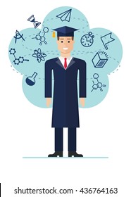 Graduated student image with icons of science. Cartoon flat vector illustration. Objects isolated on a background.