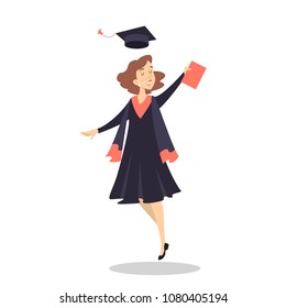 Graduated student jumping happy with diploma on white.