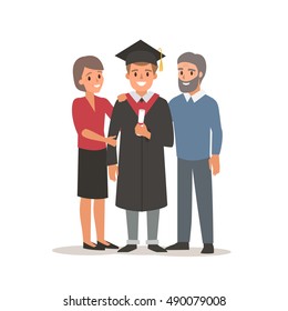 Graduated student with parents. Vector illustration.