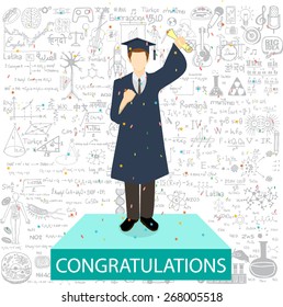 Graduated student standing on the podium withe the word congratulations and education doodles background.