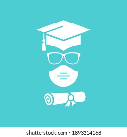 Graduated student with surgical mask vector icon on blue background