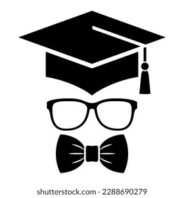 Graduated student symbol with mortarboard and bow tie isolated on white background. Nerd appearance illustration, geeky looking person.