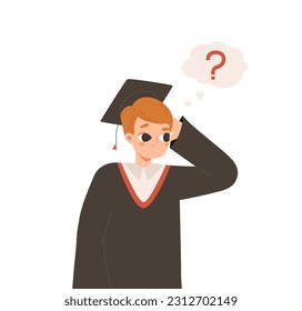 Graduated student thoughtful, boy has question and looking answers. Thinking cartoon flat young character, smart vector guy