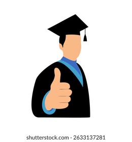 Graduated Student Thumbs Up Pose, Flat Vector Character Illustration, Cheerful Graduate Boy In Cap.