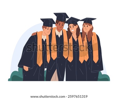 Graduated students in academic mortarboard. Vector flat clipart of university or collage, post school scholar education celebration end and diploma achievement. Knowledge and study. Scholarly life.