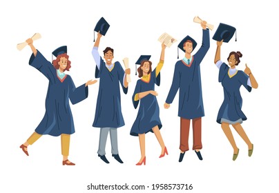 Graduated students celebrating graduation from college, university or high school. Vector happy students with diplomas wearing academic gown and mortarboard cap, group with education certificates