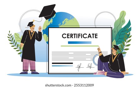 Graduated students with certificate. Two men in graduation hats near diploma. Education, learning and training. University alumni. Flat vector illustration isolated on white background