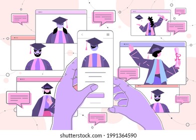 graduated students discussing during video call graduates celebrating academic diploma degree education university