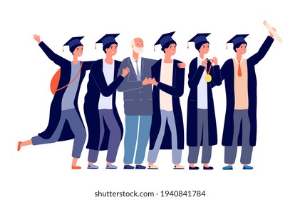 Graduated students. Graduates with teacher, cartoon college end characters. Isolated academic person, university diploma utter vector concept