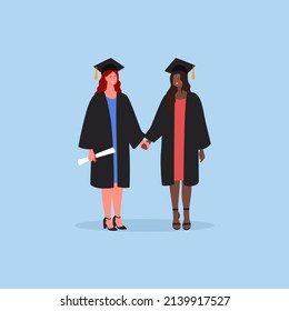 Graduated students holding hands. Girls wearing academic gown and hat. Flat style illustration. Vector