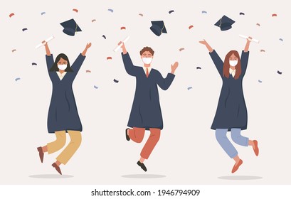 Graduated students jumping in academic gown or robe, cap, holding diploma and wearing medical face mask. Banner pupil graduation during pandemic. Vector female male celebrating, finishing university.