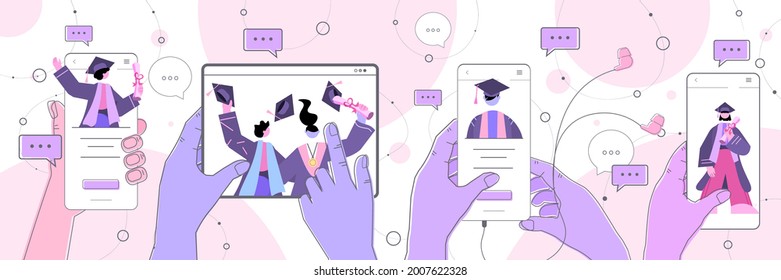 graduated students on digital gadgets discussing during video call graduates celebrating academic diploma degree