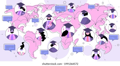 graduated students on globe discussing during video call graduates celebrating academic diploma degree education