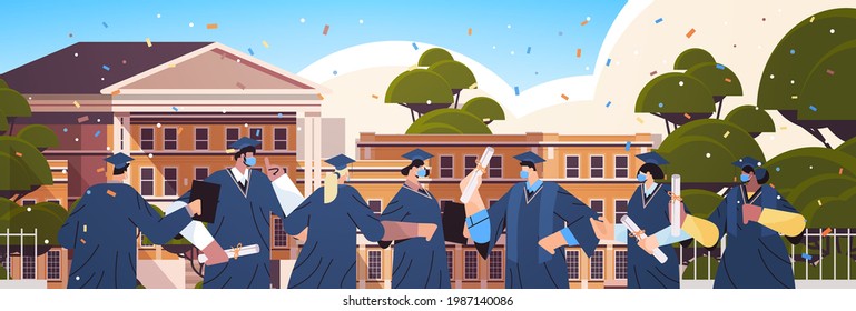 graduated students standing near university building graduates celebrating academic diploma degree education