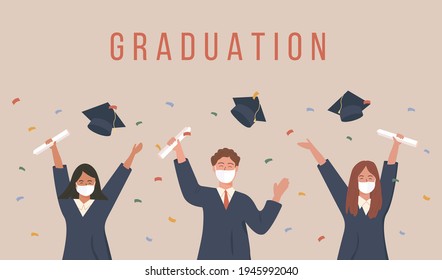 Graduated students throwing a cap and celebrating university graduation. Young former pupils in academic gown or robe, holding diploma and wearing medical face mask during pandemic. Vector banner.