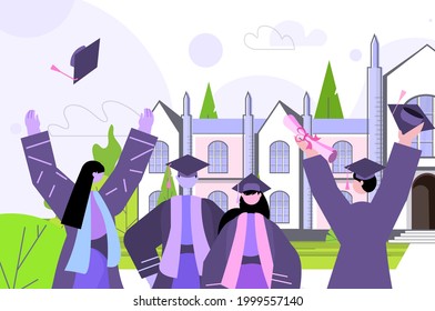 graduated students throwing hats near university building graduates celebrating academic diploma degree education