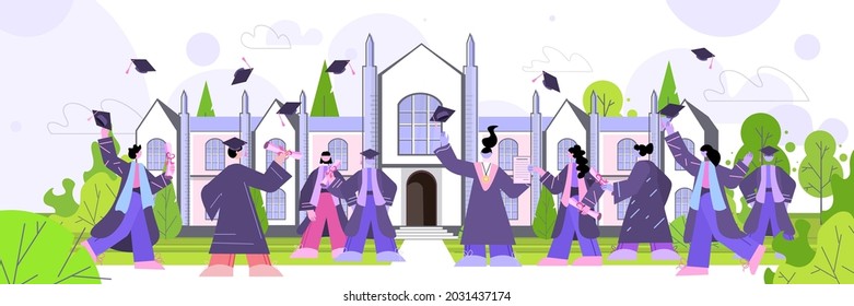 graduated students throwing hats near university building graduates celebrating academic diploma degree education