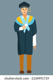 graduated students wearing academic dress, gown or robe and graduation cap and holding diploma. university graduation, flat cartoon vector illustration