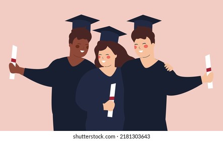 Graduated students wearing the academic gown and holding their diplomas. Happy friends from different ethnicities or nationalities celebrating graduation in their university uniform. Vector stock