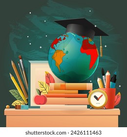 Graduado estudio en el extranjero internacional Conceptual. Sombrero de graduación en el mapa del modelo del globo terrestre superior con libros, lápices. Felicitaciones a los graduados, ilustración vectorial