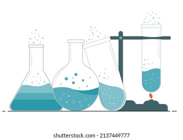 Tubos de ensayo graduados, beakers y botellas rellenados con diferentes ilustraciones líquidas de color. Equipo para la recolección de pruebas de química. 0,0