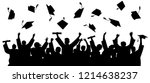 Graduated at university, college. Crowd of graduates in mantles, throws up the square academic caps. Cheerful people silhouette vector