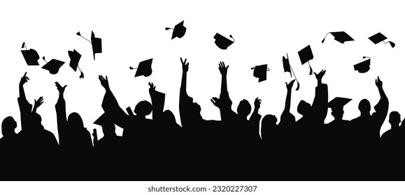 Graduated from university and college. Crowd of graduates in mantles, throwing up graduation caps