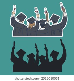 Graduated at university, college. Crowd of graduates in mantles, throws up the square academic caps. Cheerful people silhouette vector, vector illustration