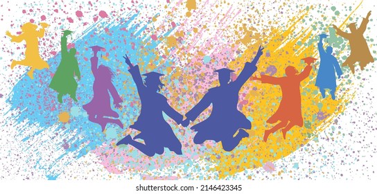 Graduated at university, college. Crowd of jumping graduates in mantles with grunge splash blots. Cheerful people silhouette, vector illustration.