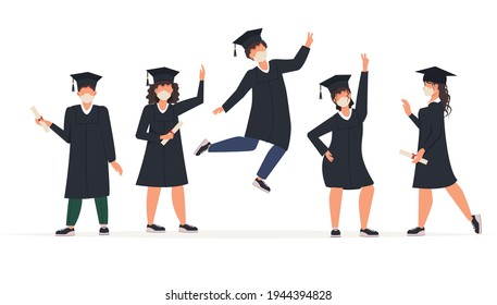 Graduated women man in graduation gowns and medical face masks. Class of 2021. Covid-19 prevention and new normal concept. College students wearing face masks celebrate graduation