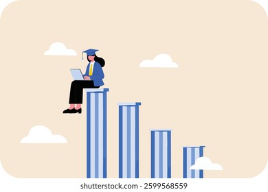 graduated women working on a big pillar sitting on a top pillar