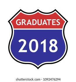 Graduates 2018 colored shield sign with text, vector illustration.