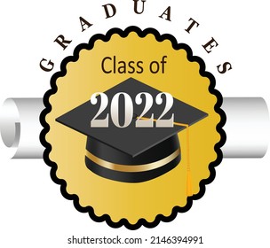 Graduates 2022 class off creative congrats concept. Black and gold lines, white bg. Isolated abstract graphic design template. Handwriting calligraphy. 3D hat.