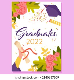 Graduates 2022, Congratulation Greeting Card Design Vector Illustration. Cartoon Hand Of High School Student Holding Diploma Among Flowers And Confetti To Celebrate Success Graduation Background