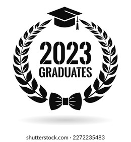 Graduates 2023 vector laurel emblem isolated on white background, graduation 2023 award web symbol.