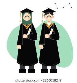 Graduates in academic gowns with diplomas. vector illustration flat style design for education and academic concept