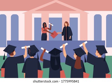 Graduates are awarded diplomas and scroll. Students in a black graduation gown and Graduation Hat. Flat vector illustration.